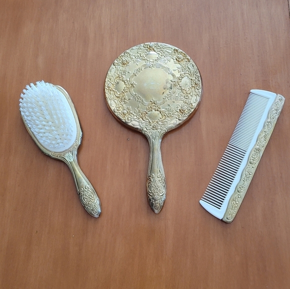 Vintage Brass Gilt Plated Vanity Mirror‎ Brush Comb Set
